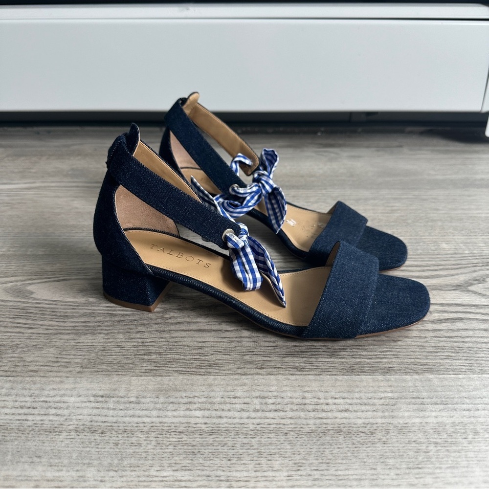 Talbots Denim Gingham Tie Ankle Heeled Sandals 8